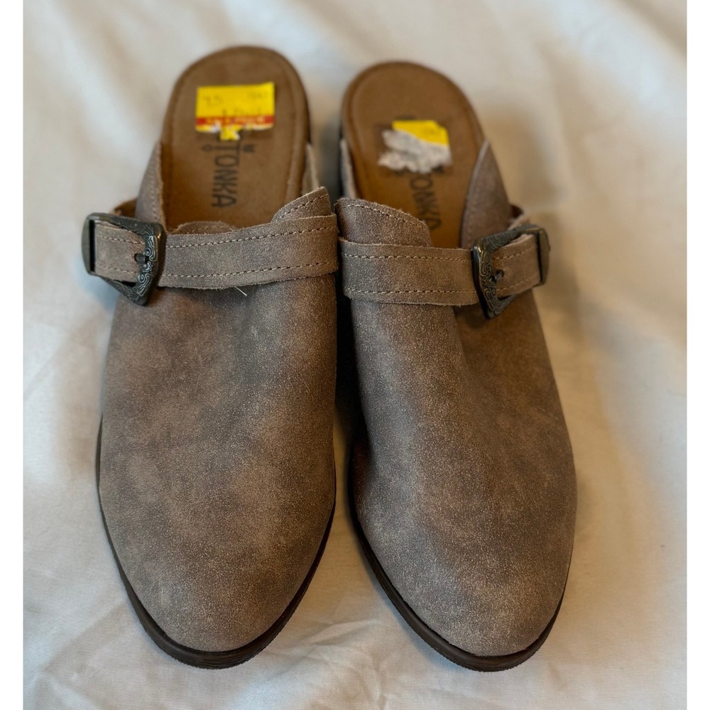 Minnetonka Women's Sz 7.5 Billie Brown Leather Closed Toe Low Heel Western Mules - Picture 3 of 9